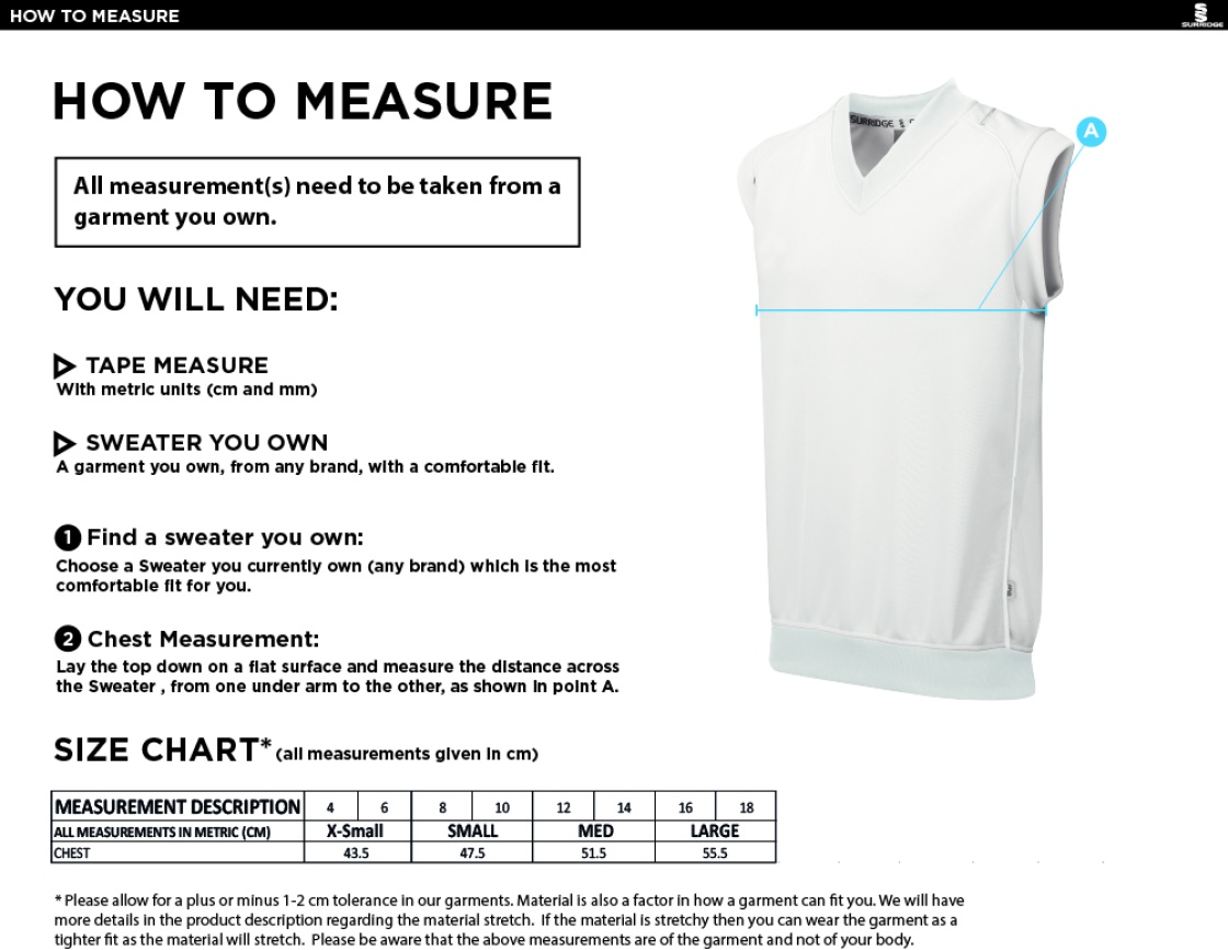 Grindleford CC - Women's Sleeveless Cricket Sweater - Size Guide