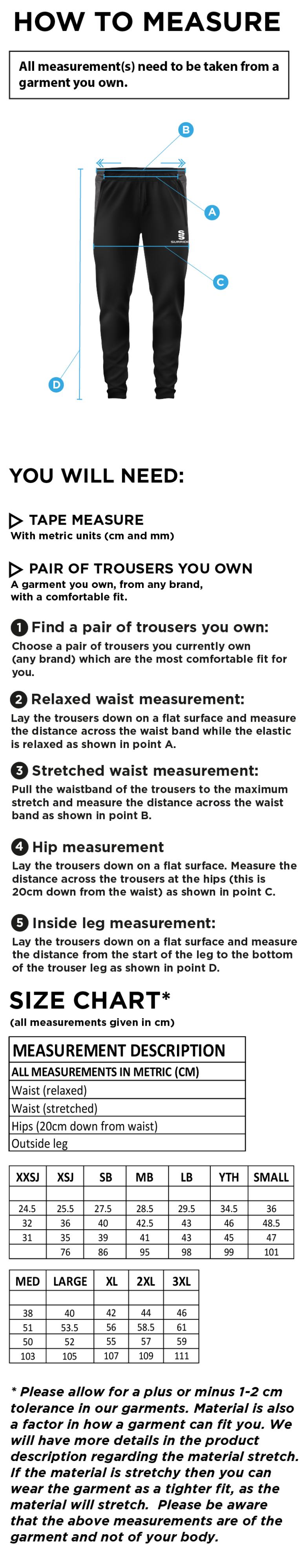 Grindleford CC - Tek Slim Pant - Size Guide