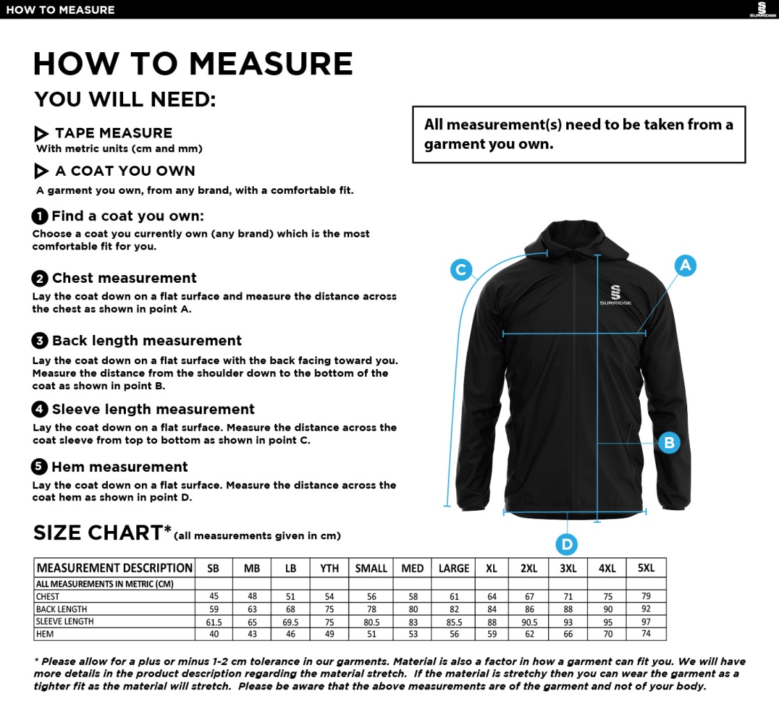 Grindleford CC - Training Jacket - Size Guide