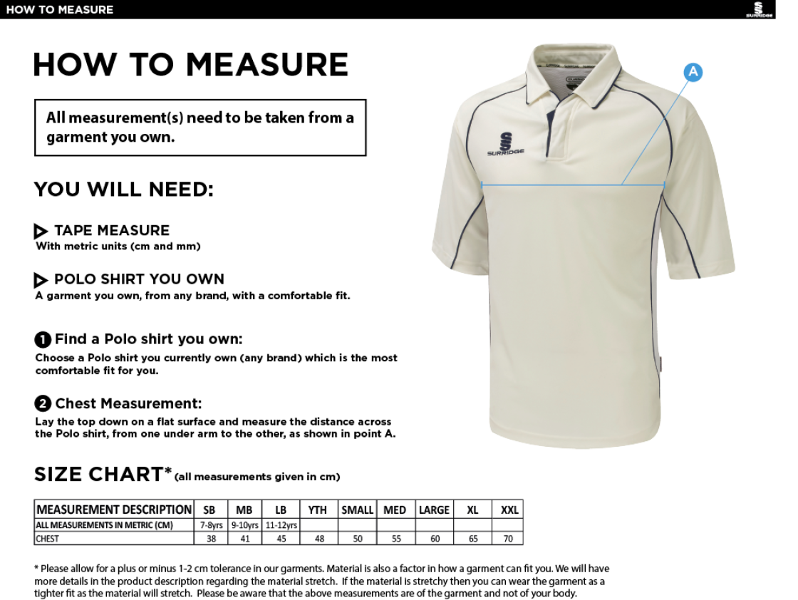 Grindleford CC - Premier 3/4 Sleeve Green Trim Shirt - Size Guide