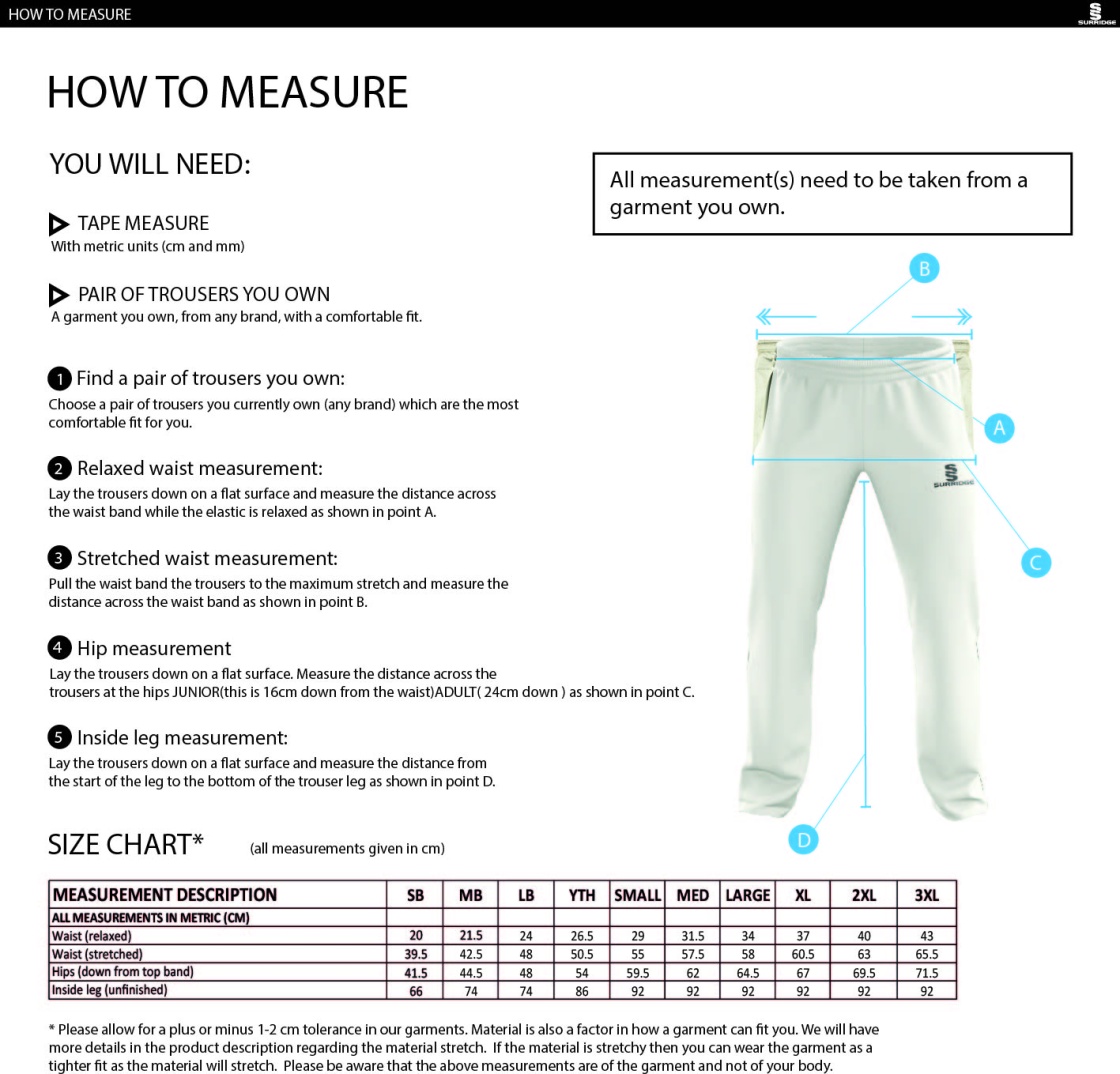 Grindleford CC - Standard Playing Pant - Size Guide