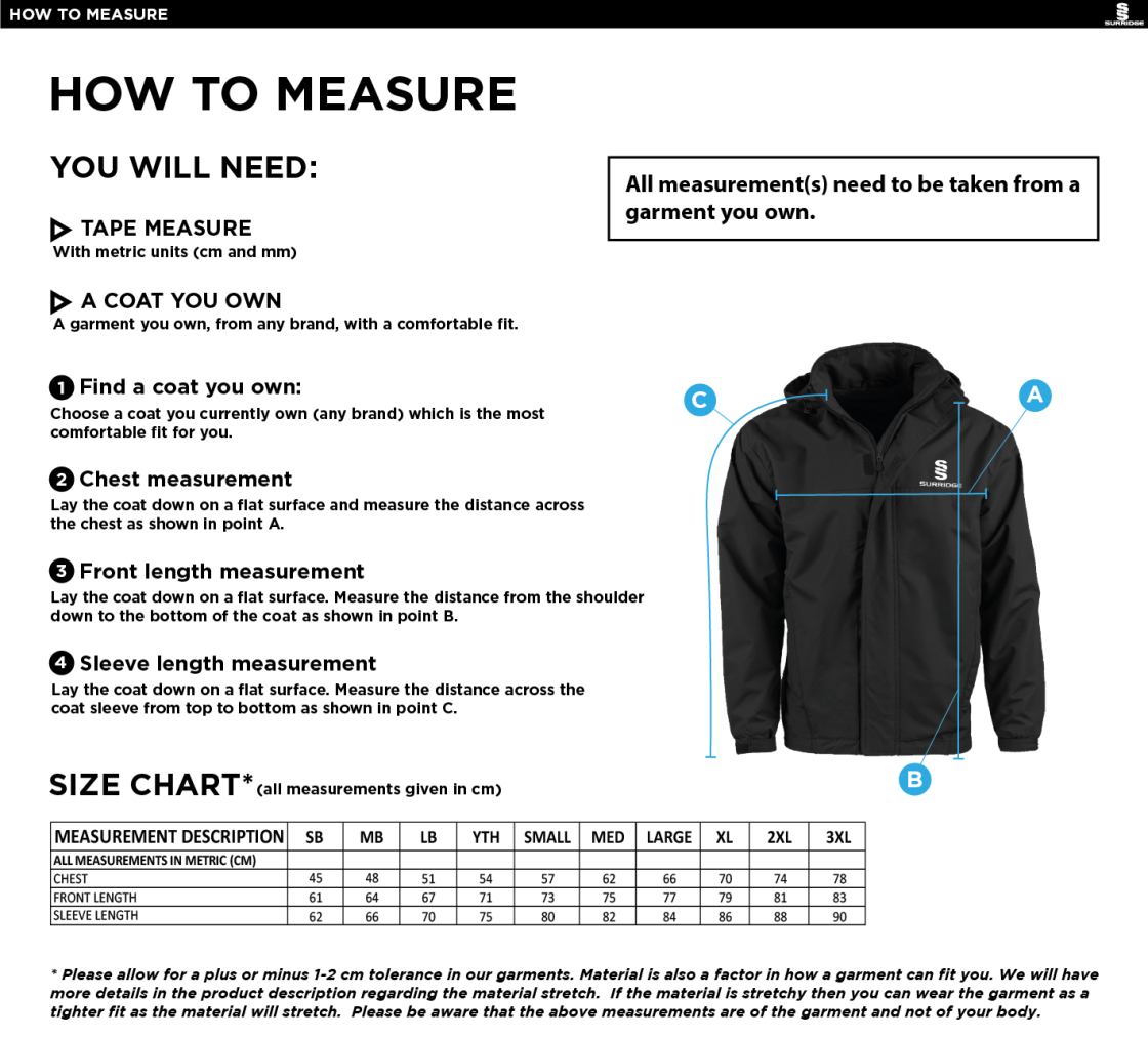 Grindleford CC - Fleece Line Jacket - Size Guide