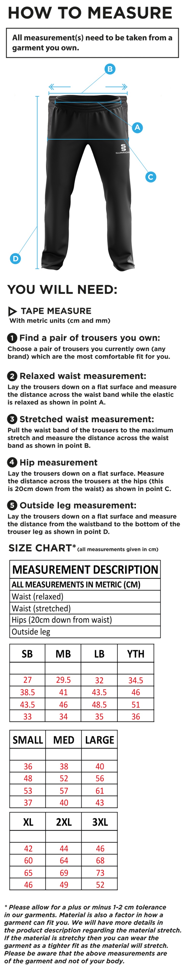 Grindleford CC - Ripstop Track Pant - Size Guide