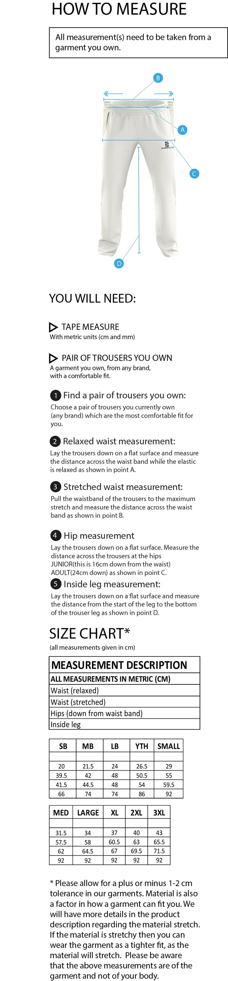 Grindleford CC - Standard Playing Pant - Size Guide