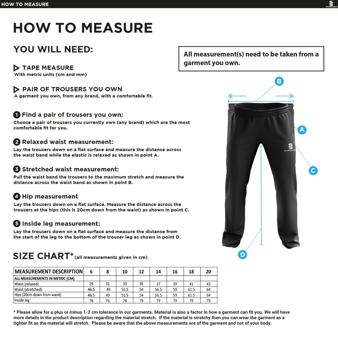 Grindleford CC - Women's Poplin Track Pant - Size Guide