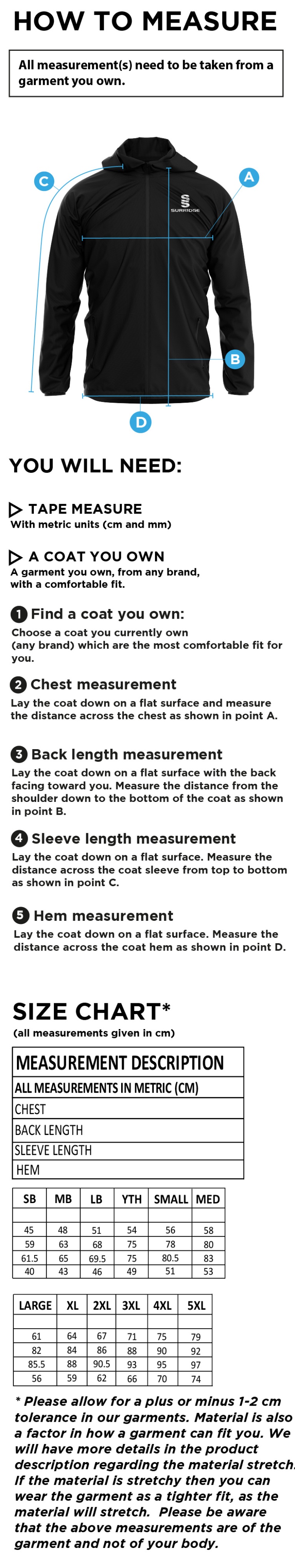 Grindleford CC - Training Jacket - Size Guide