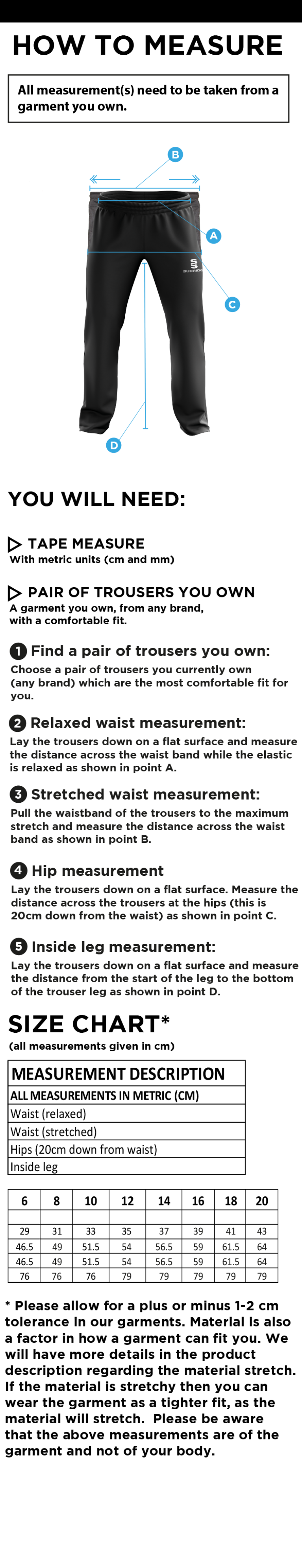 Grindleford CC - Women's Poplin Track Pant - Size Guide
