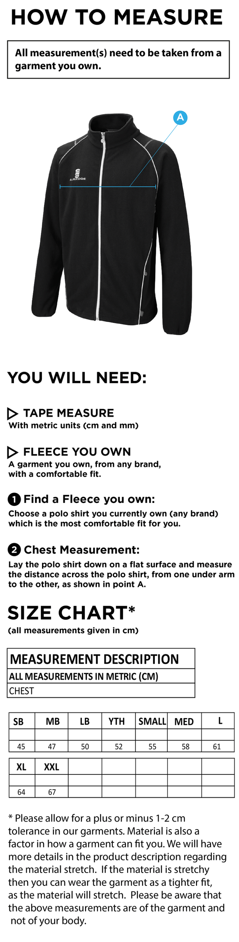 Grindleford CC - Full Zip Fleece Jacket - Size Guide