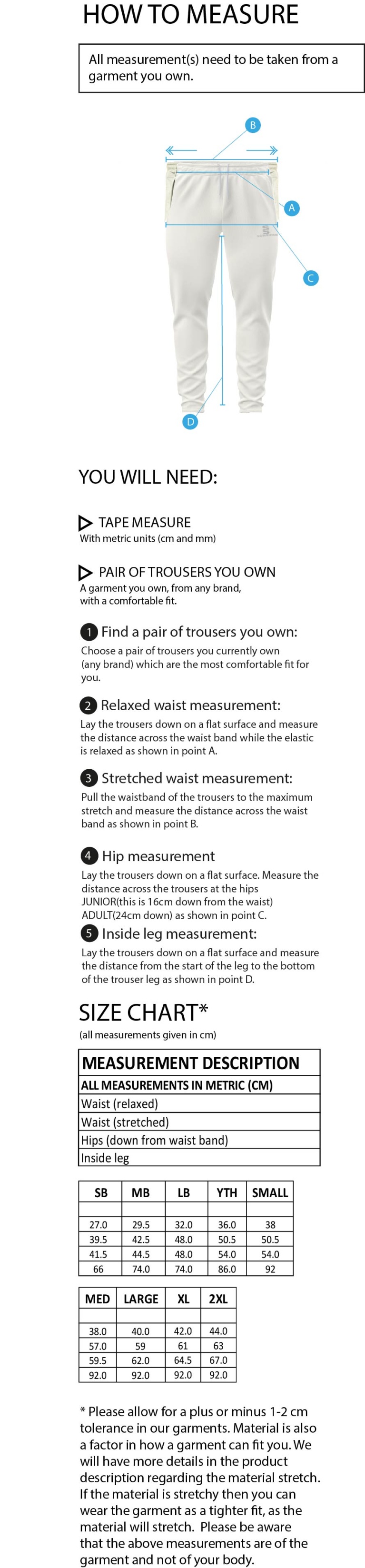 Grindleford CC - Blade Playing Pants - Size Guide