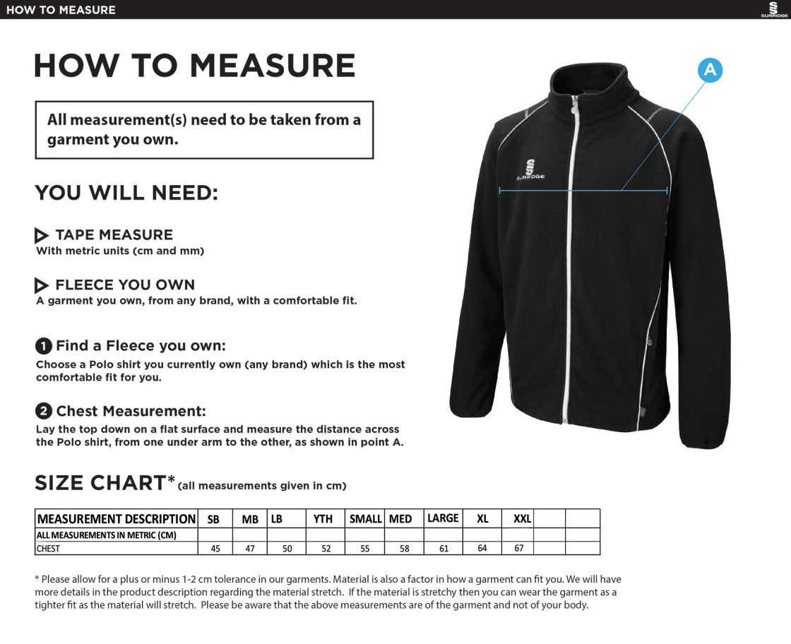 Grindleford CC - Full Zip Fleece Jacket - Size Guide