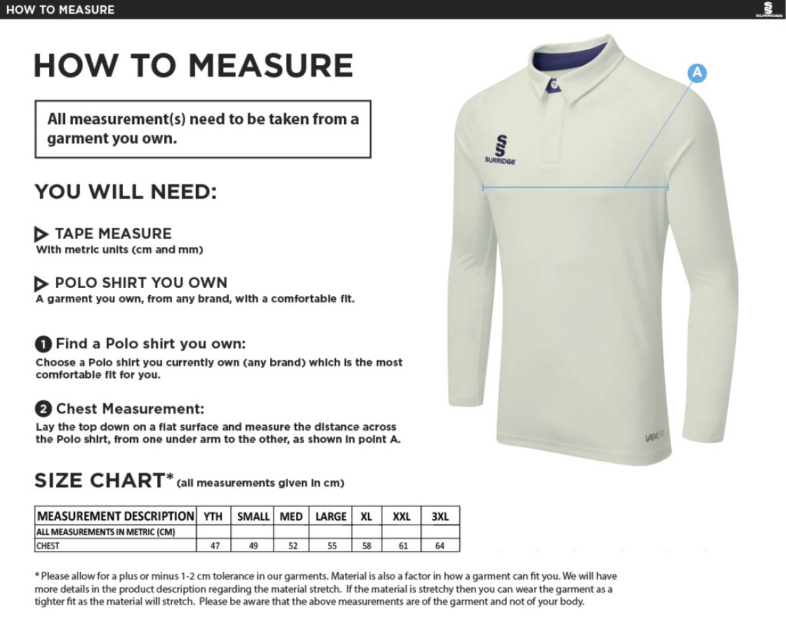 Grindleford CC - Ergo Long Sleeve Green Trim Shirt - Size Guide