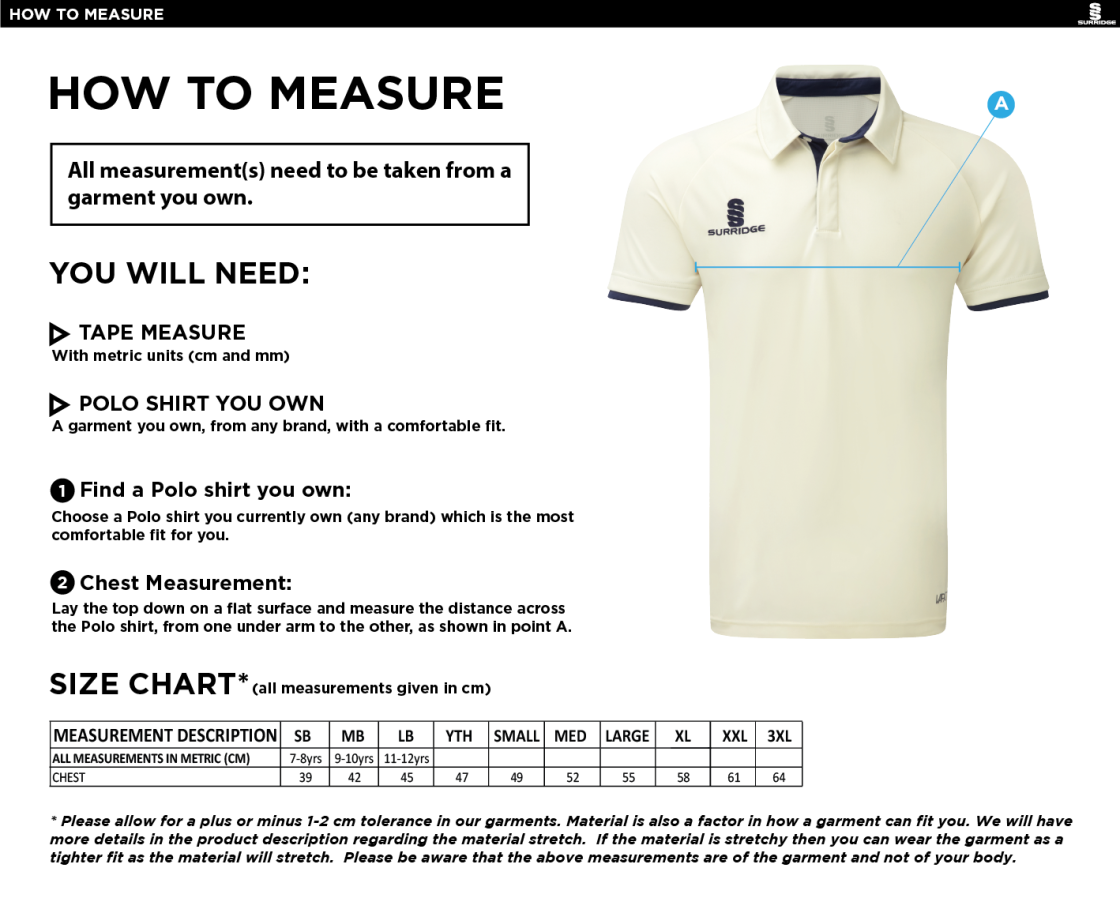 Grindleford CC - Ergo Short Sleeve Green Trim Shirt - Size Guide