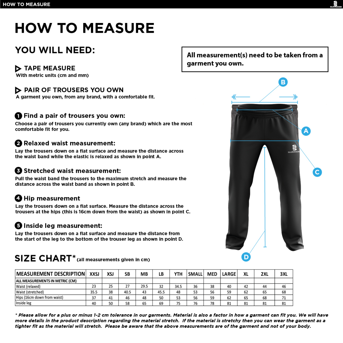 Grindleford CC - Poplin Track Pant - Size Guide