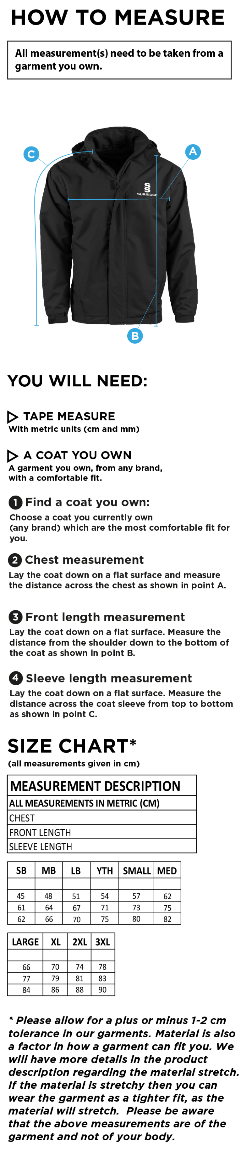 Grindleford CC - Fleece Line Jacket - Size Guide