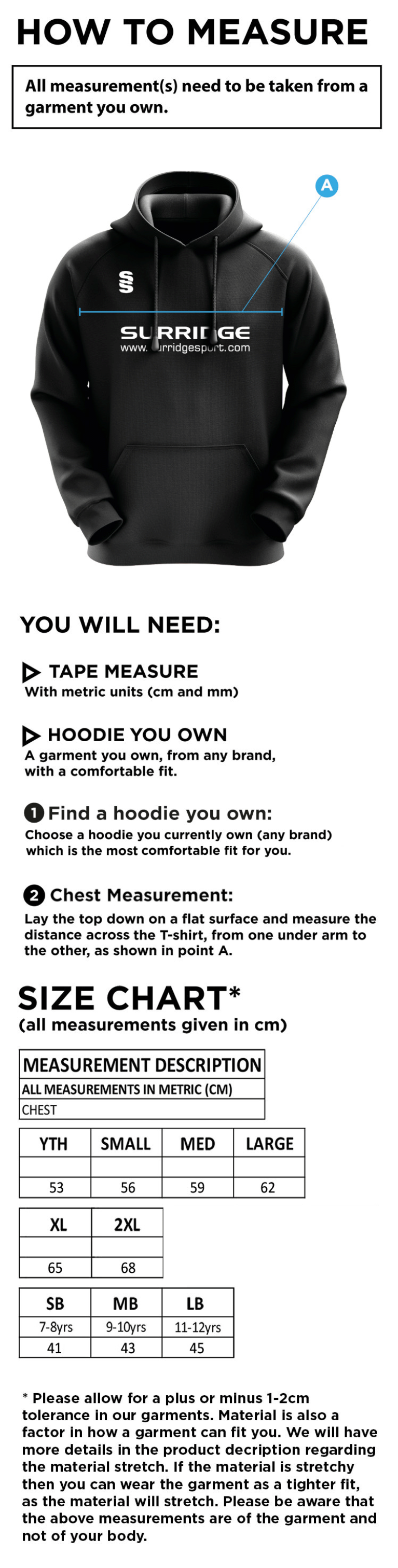 Grindleford CC - Blade Hoody - Size Guide