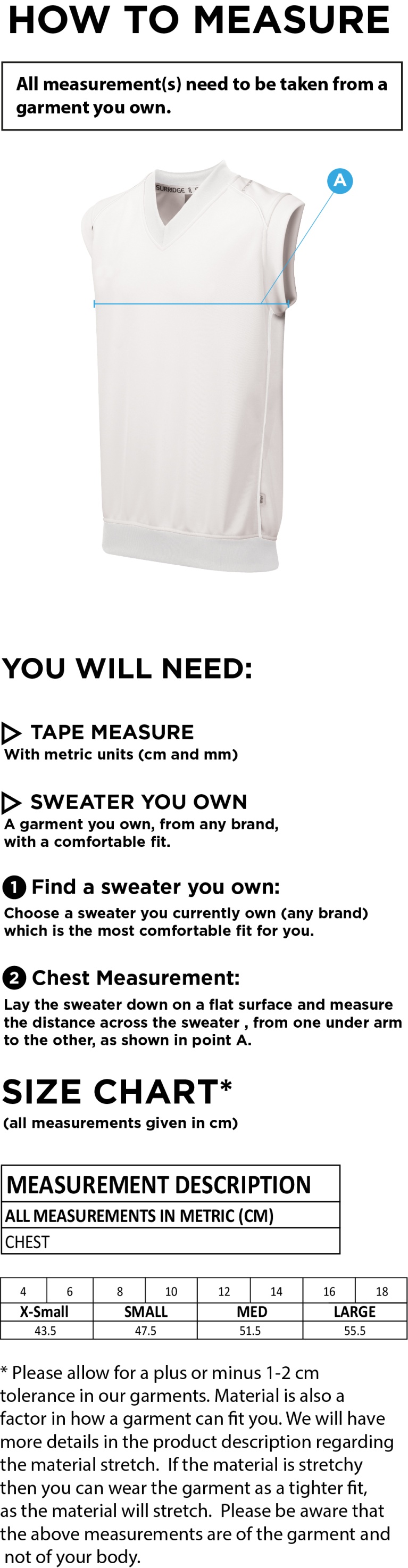 Grindleford CC - Women's Sleeveless Cricket Sweater - Size Guide