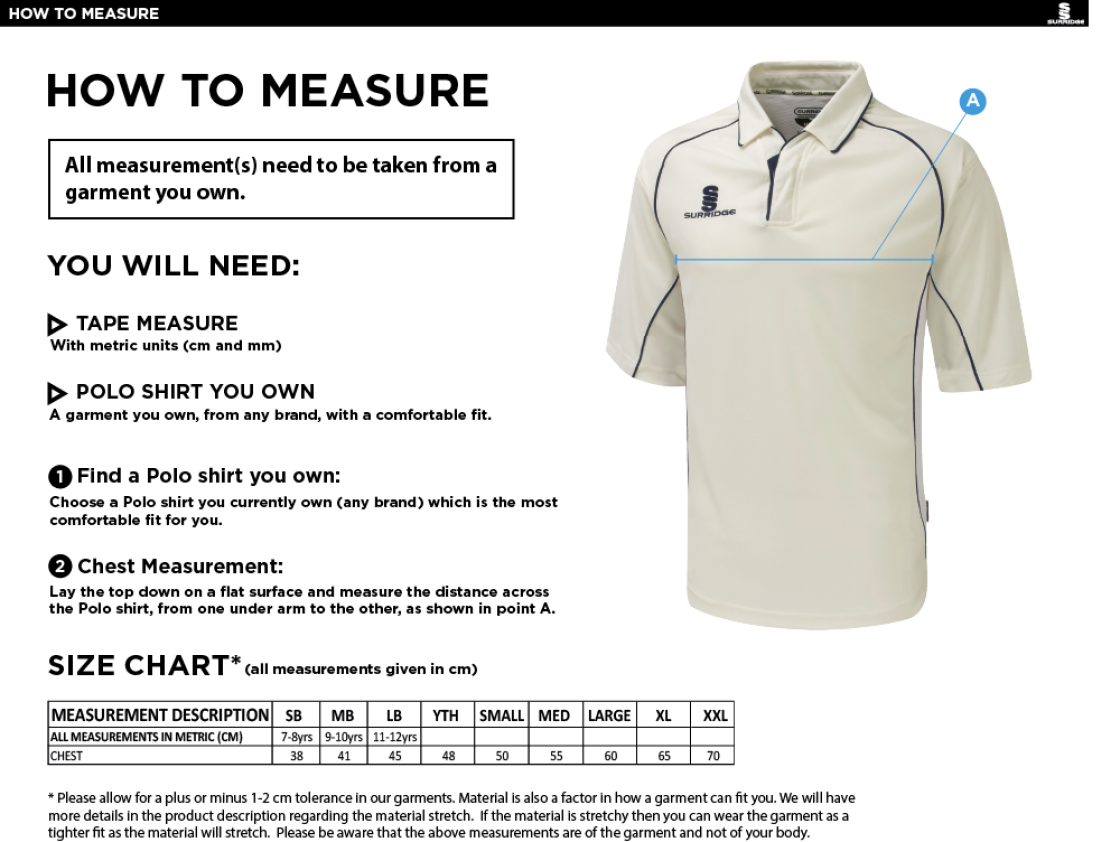 Grindleford CC - Premier 3/4 Sleeve Green Trim Shirt - Size Guide