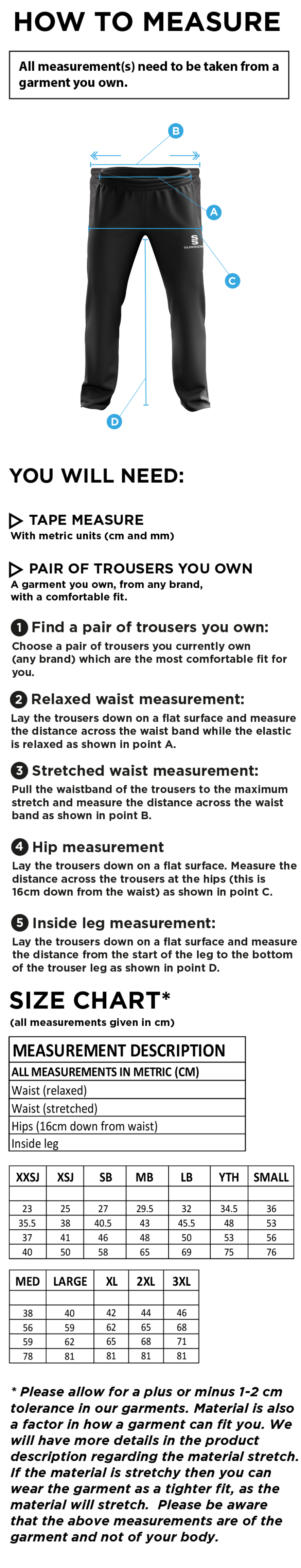 Grindleford CC - Poplin Track Pant - Size Guide