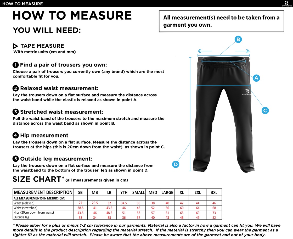 Grindleford CC - Ripstop Track Pant - Size Guide