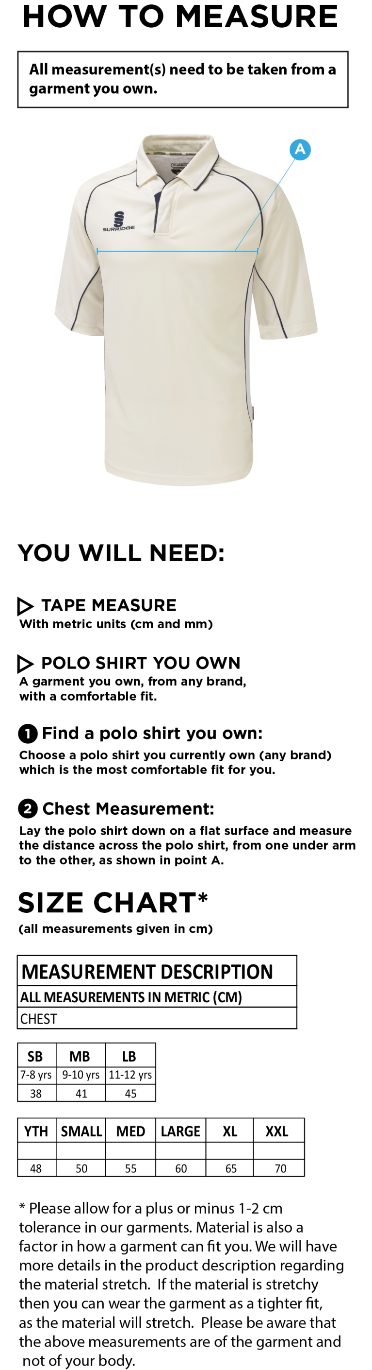 Grindleford CC - Premier 3/4 Sleeve Green Trim Shirt - Size Guide