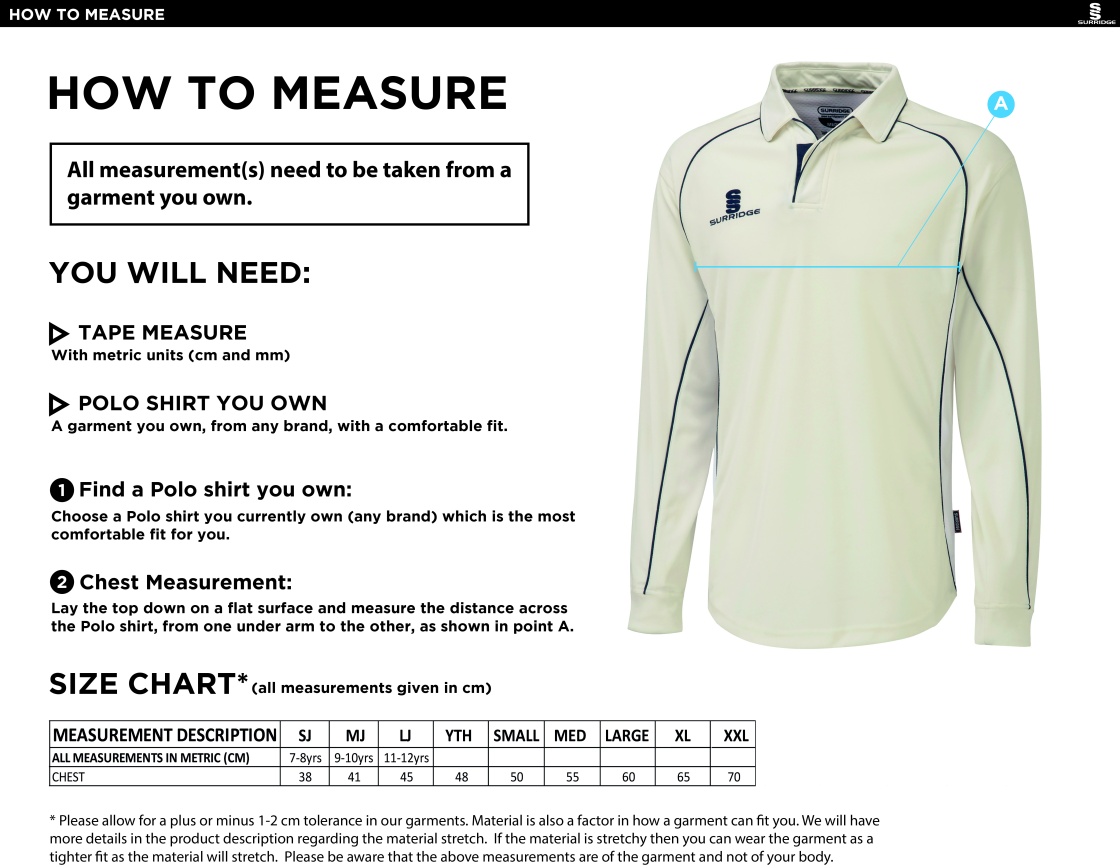 Grindleford CC - Premier Long Sleeve Green Trim Shirt - Size Guide