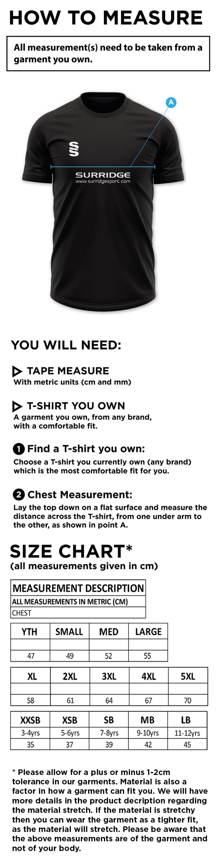 Grindleford CC - Blade T-shirt - Size Guide